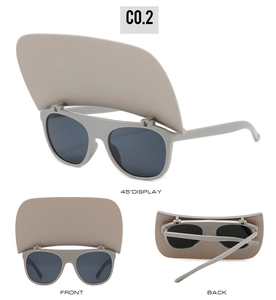 Three-view detail of gray flip-up sun visor sunglasses with dark lenses and front-back angles