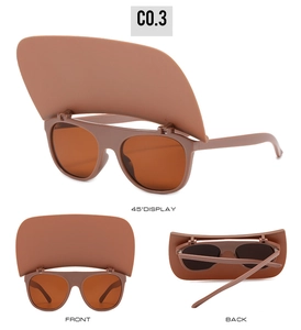 Detailed views of khaki flip-up sunglasses for women with 45 degree front and back display