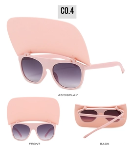 Multi-angle view of pink flip-up visor sunglasses with purple gradient lenses