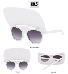 Three-angle view of white flip-top sunglasses with large top sun visor and grey lenses