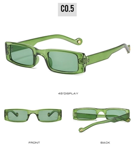 Detailed views of vintage green rectangle sunglasses with metallic hollow temple tips