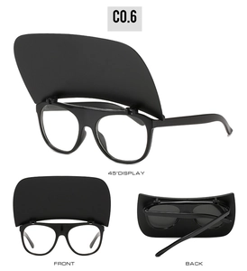 Detailed multi-angle view of black oversized flip-up sunglasses with sun visor design