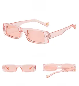 Pink transparent rectangular sunglasses shown from 45 degree front and back views