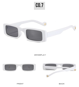 Multiple views of white square sunglasses with dark grey lenses and gold ring detail