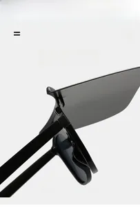 Detail of square black sunglasses showing the durable hinge and lightweight elastic frame