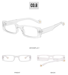 Three views of transparent rectangular sunglasses featuring gold metal tips on the temples