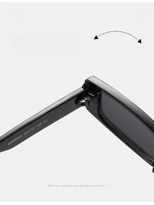 Detail of durable hinges and model specs KD98048 on black square frame sunglasses