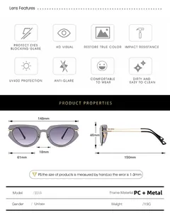 Technical drawing and dimensions of grey cat eye sunglasses with purple gradient lenses