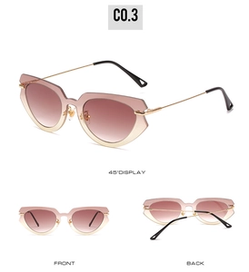 Detailed views of rimless cat eye sunglasses with gradient lenses and gold temples