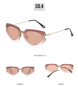 Three perspectives of cat-eye sunglasses with gradient frames and gold metal temples