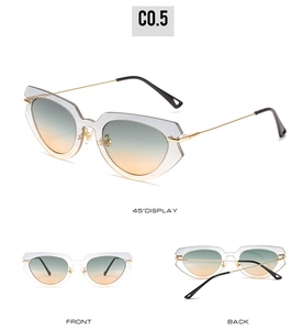 Three-view display of cat-eye sunglasses featuring gradient lenses and slim gold metal temples