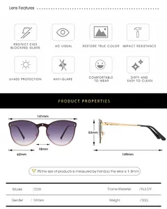 Detailed size chart for rimless round sunglasses with dimensions and technical specifications
