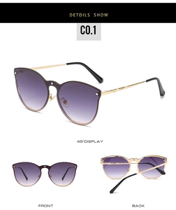 Three-angle view showing gradient purple lenses and golden metal frames of sunglasses