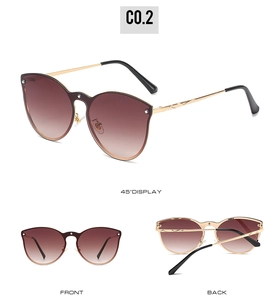 Three perspectives showing golden metal frame cat eye sunglasses with brown gradient lenses