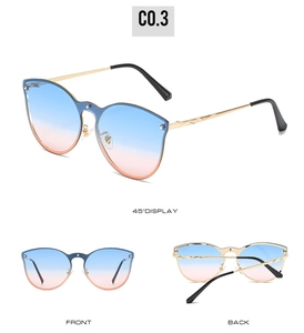 Three-way view of trendy rimless sunglasses with pink-blue gradient lenses and gold frame