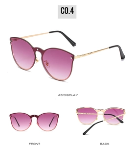 Three-angle display of gold metal cat-eye sunglasses with purple gradient resin lenses