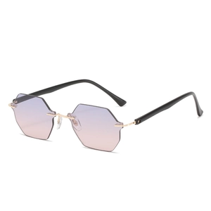 Frameless geometric sunglasses with purple gradient lenses and gold bridge for women