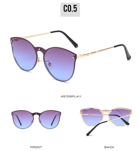 Three-way view of gold oversized sunglasses with purple-blue gradient lenses