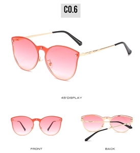 Detailed multi-angle views of rimless butterfly sunglasses with orange gradient lenses
