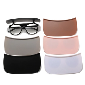 Flip-up sunglasses set with black frame and five colorful clip-on visor lenses for women