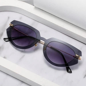 Modern geometric cat-eye sunglasses with dark gradient lenses and gold metal accents