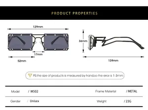 Detailed size chart for square rivet sunglasses showing metal frame dimensions and weight