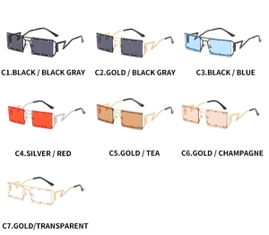 Detail view of square rimless sunglasses with metal rivets and lightning bolt temples