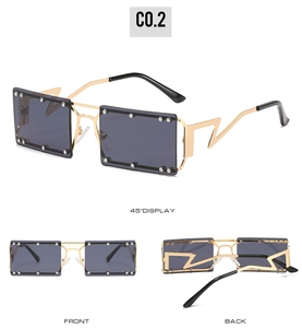 Multi-angle view of square sunglasses featuring silver rivets and gold lightning temples