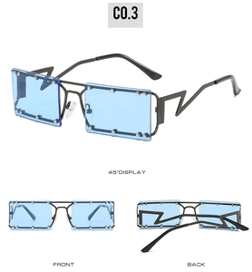 Y2K square sunglasses with lightning-shaped temples and studded light blue lenses