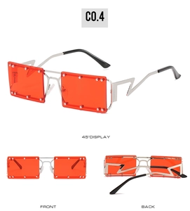 Three views of square sunglasses with red lenses, silver rivets and lightning bolt arms