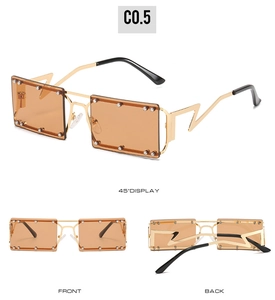 Detail view of square sunglasses with metal rivets and unique lightning-shaped temples