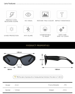 Detailliertes technisches Diagramm der Abmessungen und UV400-Merkmale der Katzenaugen-Sonnenbrille