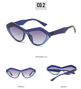 Drei-Winkel-Ansicht der dreieckigen Cat-Eye-Sonnenbrille mit blauem Farbverlauf-Glas