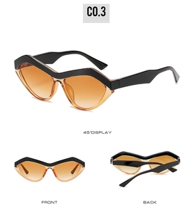 Drei-Ansichten-Display der schwarz-orangen Katzenaugen-Sonnenbrille mit Farbverlauf
