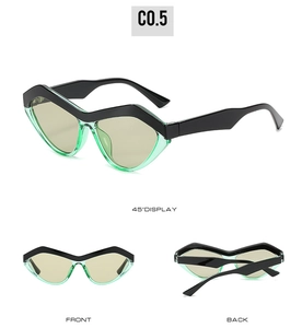 Dreifache Ansicht der Cat-Eye-Sonnenbrille mit schwarz-grünem geometrischem Rahmen