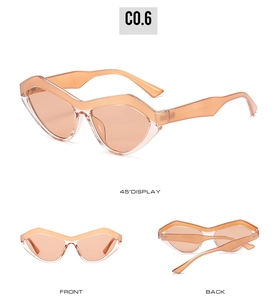 Detailansicht der rosa Cat-Eye-Sonnenbrille mit gewellten Rändern und klaren Gläsern