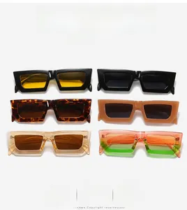 Macro detail of six colorful rectangle sunglasses with thick retro acetate frames