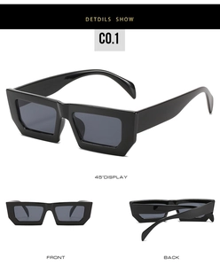 Detailed multi-angle views of retro wide-frame black rectangular sunglasses for unisex