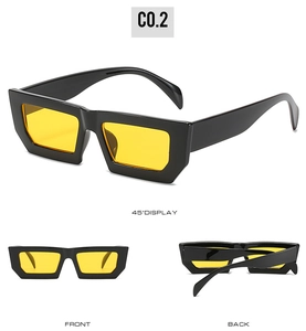 Detailed multi-angle views of black vintage rectangle sunglasses with yellow lenses