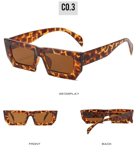 Three views of tortoise shell rectangle sunglasses with brown lenses and leopard print frame