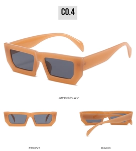 Three angles display of retro square sunglasses in translucent light orange frames
