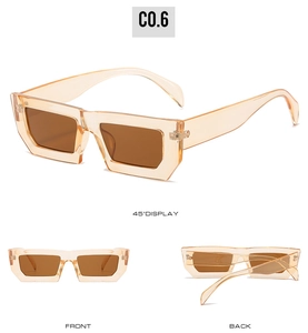 Multi-angle views of rectangular sunglasses in transparent amber with brown lenses