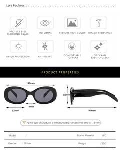 Detailed size chart for retro oval sunglasses showing dimensions and PC frame specs