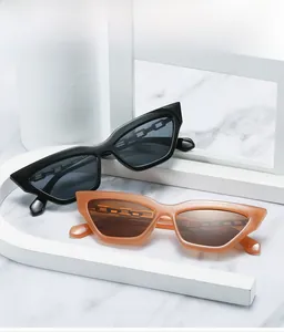 Detail of cat-eye sunglasses with link chain temples in black and amber colors