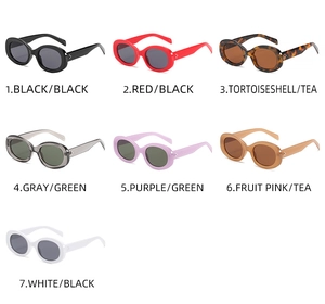 Oval sunglasses collection showing seven colors including black red and white frames