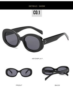 Detailed views of vintage oval sunglasses with triple-dot rivets and black acetate frame