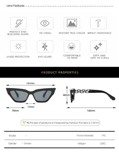 Size guide for cat eye sunglasses detailing dimensions, UV400 features and PC material