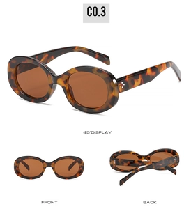 Detail view of oval leopard print sunglasses with brown lenses from multiple angles