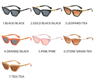 Detailed overview of cat-eye sunglasses in seven colorways with chain-style temples