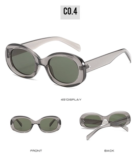 Three views of oval transparent grey sunglasses with dark green lenses and silver rivets